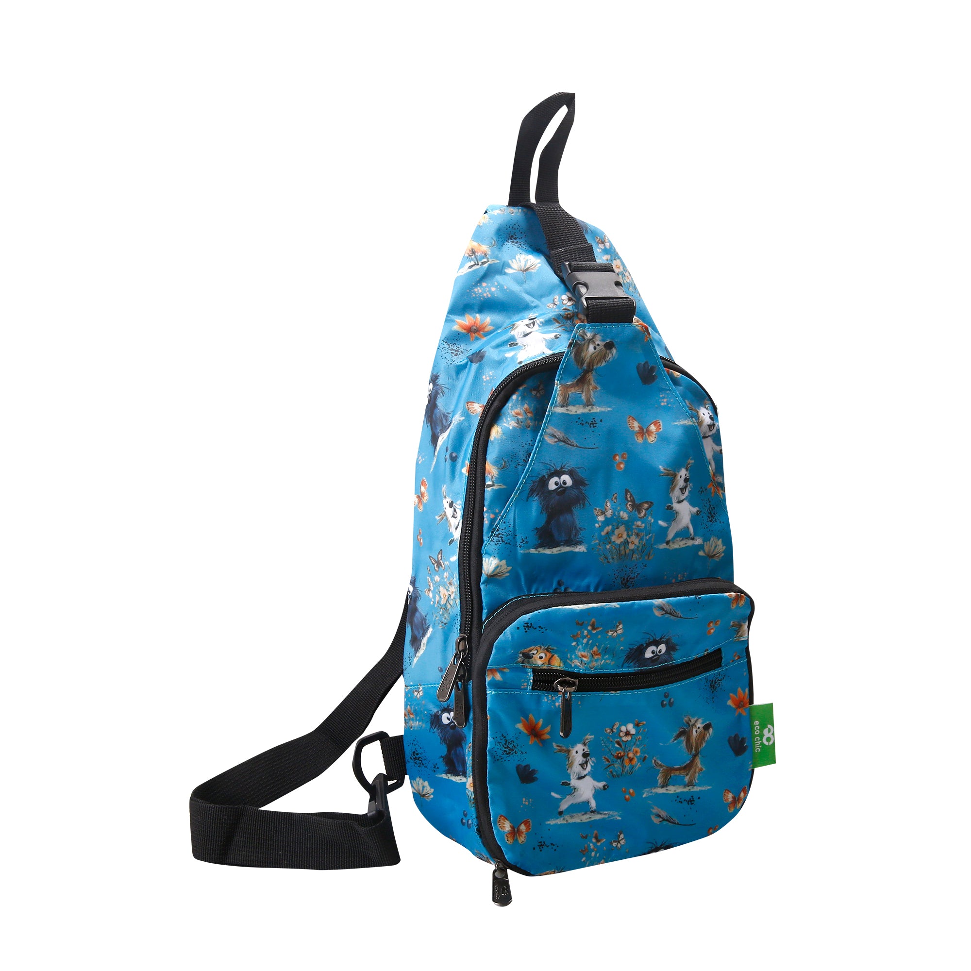 I118BU - Eco Chic Lightweight Foldable Crossbody Bag Whimsy Dogs Blue (Pack of 2)