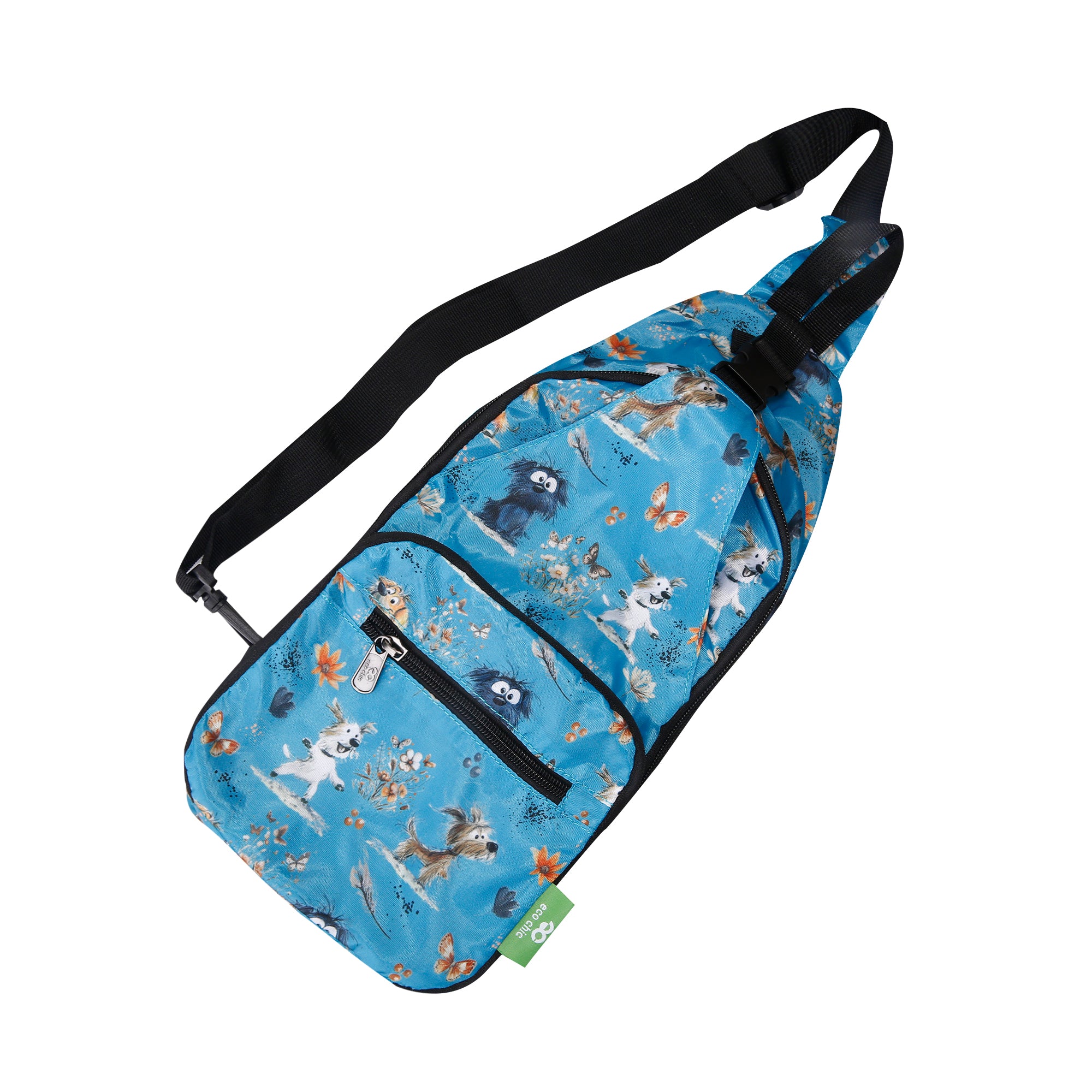I118BU - Eco Chic Lightweight Foldable Crossbody Bag Whimsy Dogs Blue (Pack of 2)