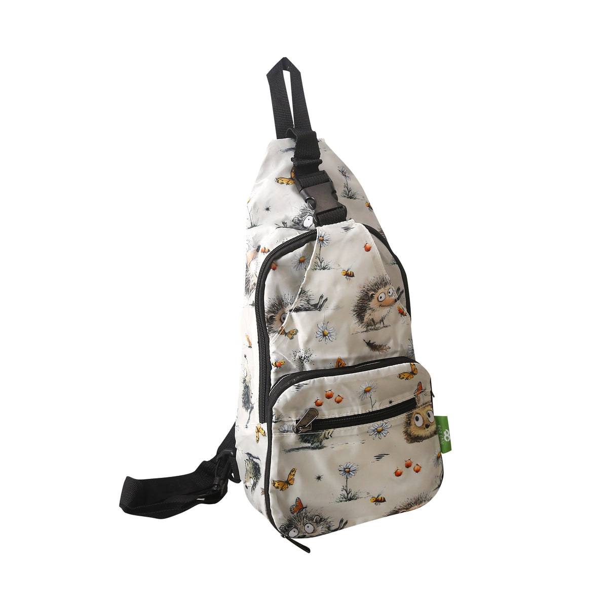 I122BG - Eco Chic Lightweight Foldable Crossbody Bag Whimsy Hedgehogs Beige (Pack of 2)