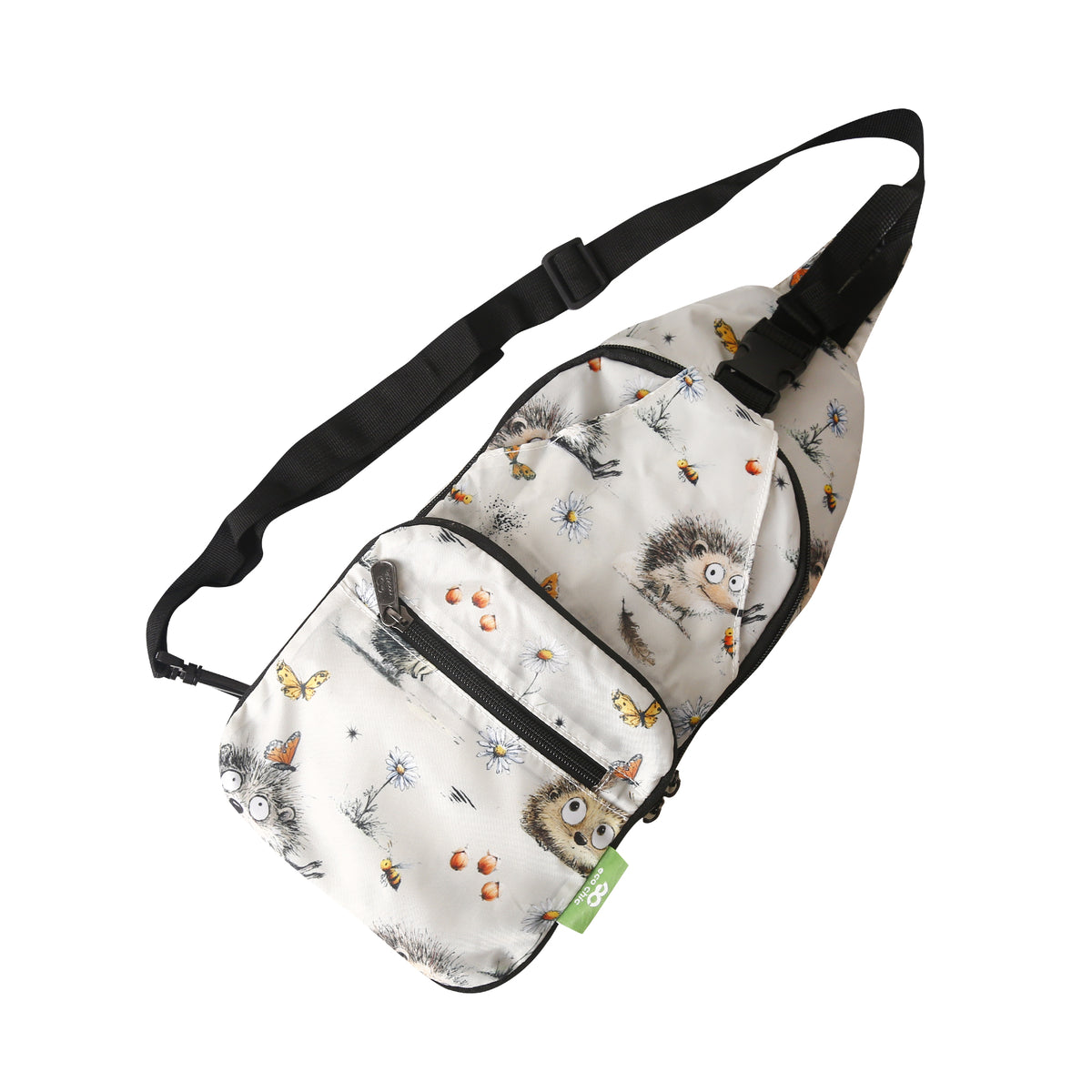I122BG - Eco Chic Lightweight Foldable Crossbody Bag Whimsy Hedgehogs Beige (Pack of 2)