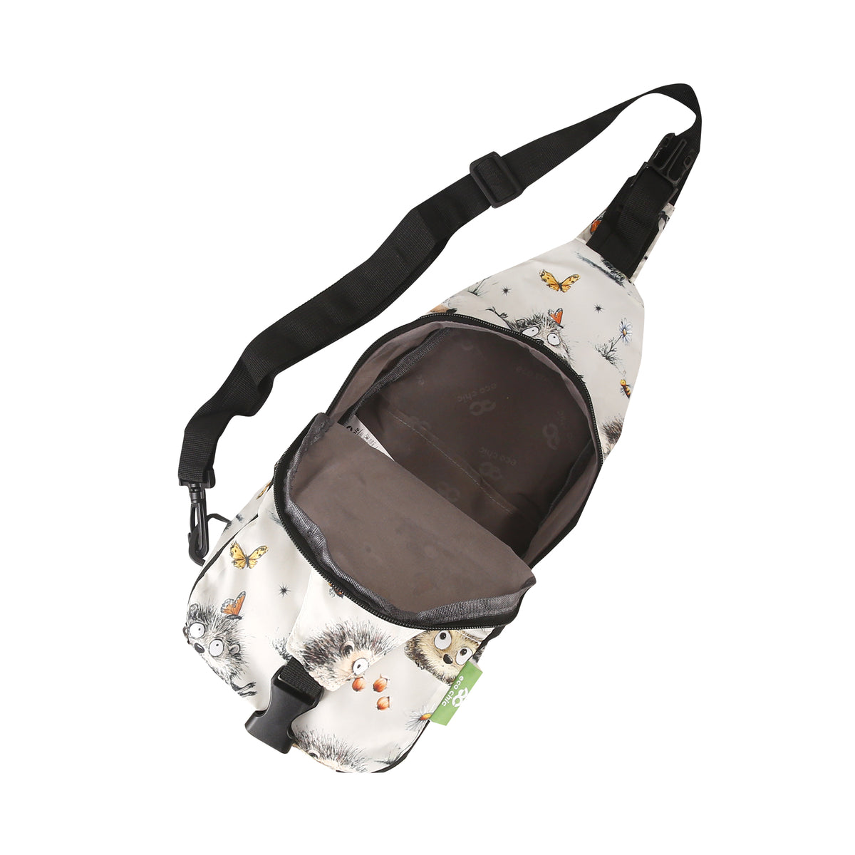 I122BG - Eco Chic Lightweight Foldable Crossbody Bag Whimsy Hedgehogs Beige (Pack of 2)