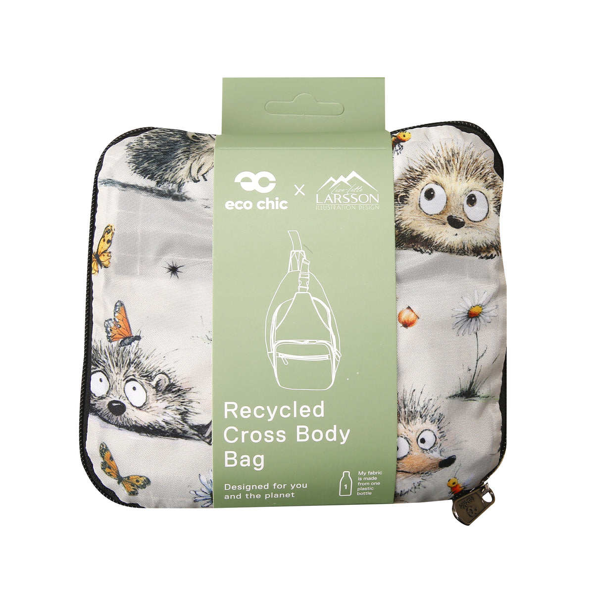 I122BG - Eco Chic Lightweight Foldable Crossbody Bag Whimsy Hedgehogs Beige (Pack of 2)