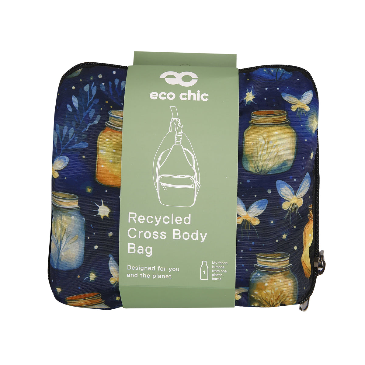 I125BU - Eco Chic Lightweight Foldable Crossbody Bag Jars and Fireflies Blue (Pack of 2)