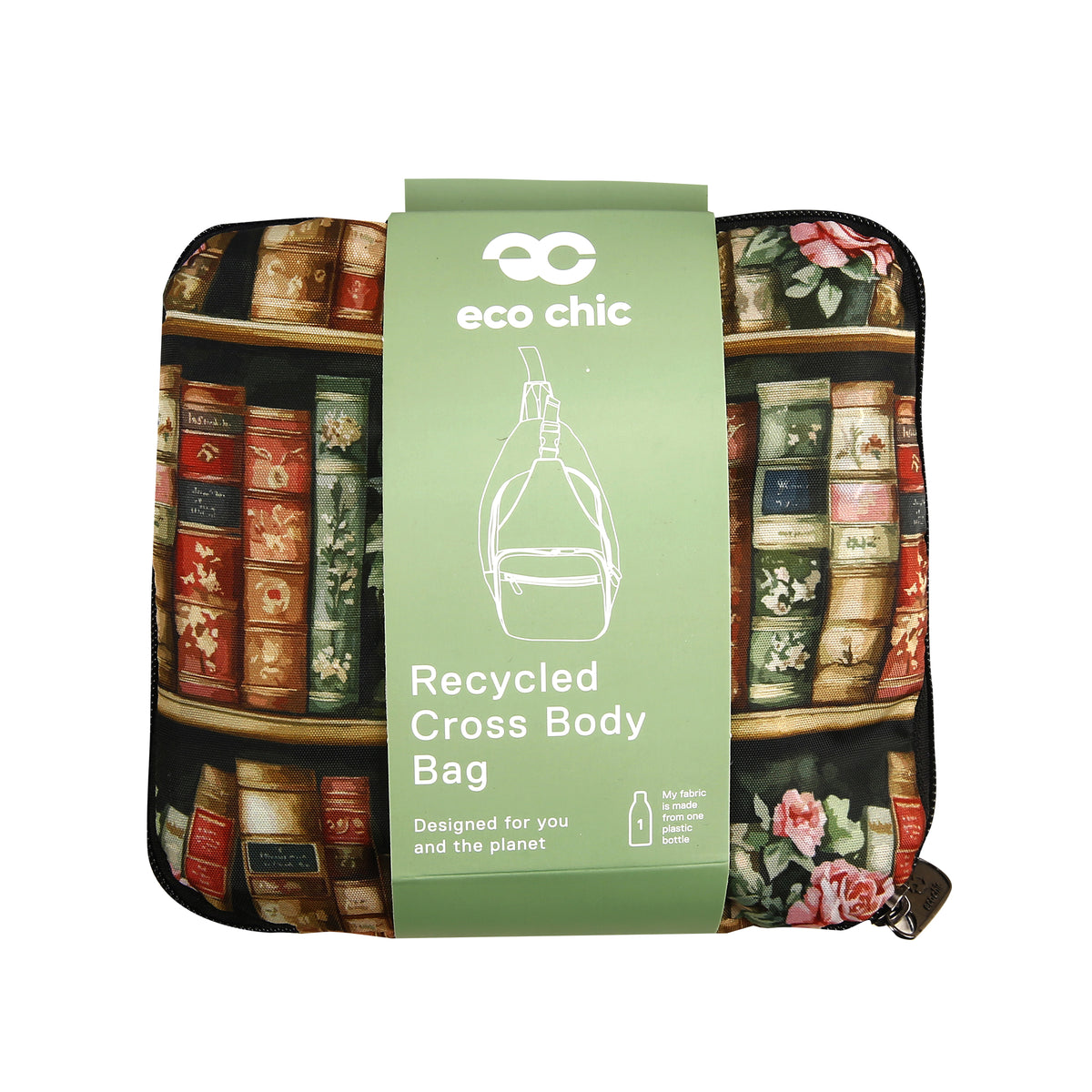 I127ME - Eco Chic Lightweight Foldable Crossbody Bag Books and Roses Multiple (Pack of 2)