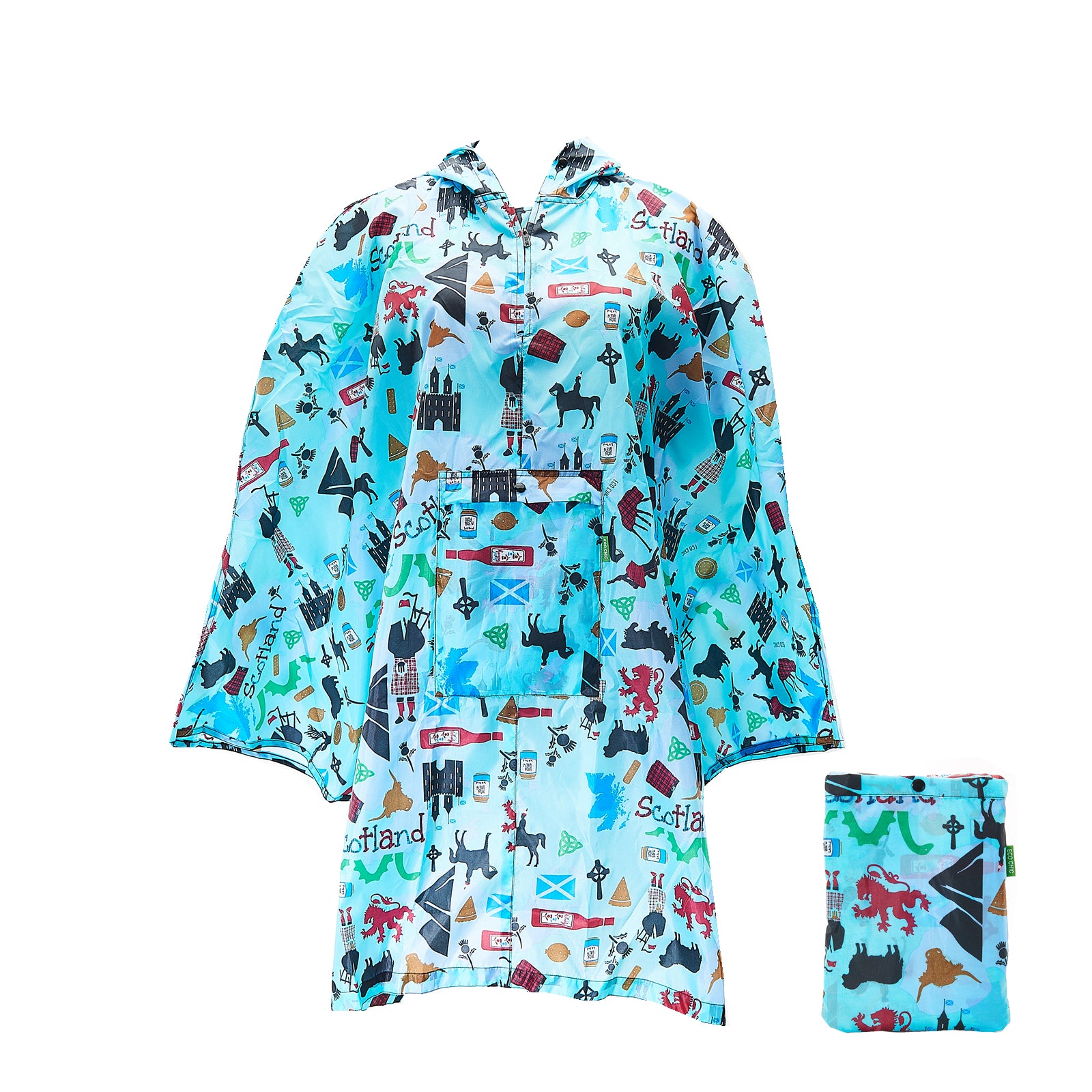 L12BU - Eco Chic Waterproof Foldable Adult Poncho Scottish Montage Blue (Pack of 2)