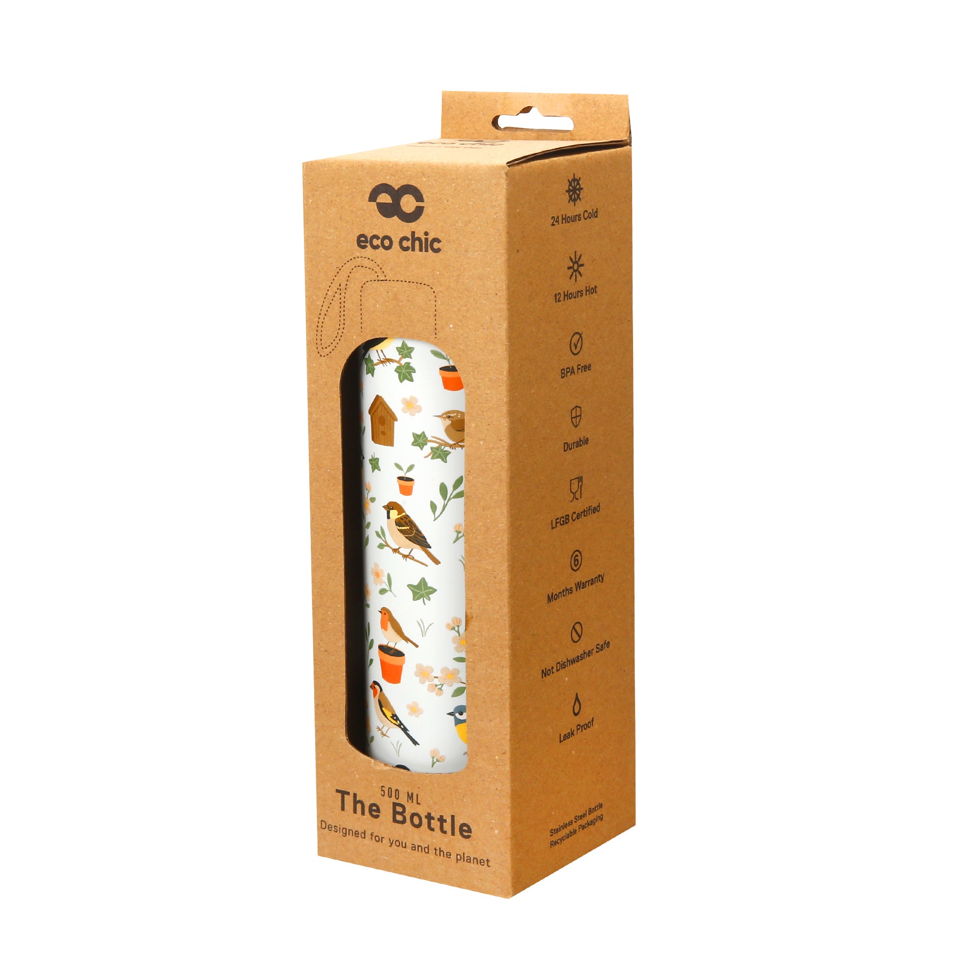 T108 - Eco Chic Thermal Bottle Garden Birds White