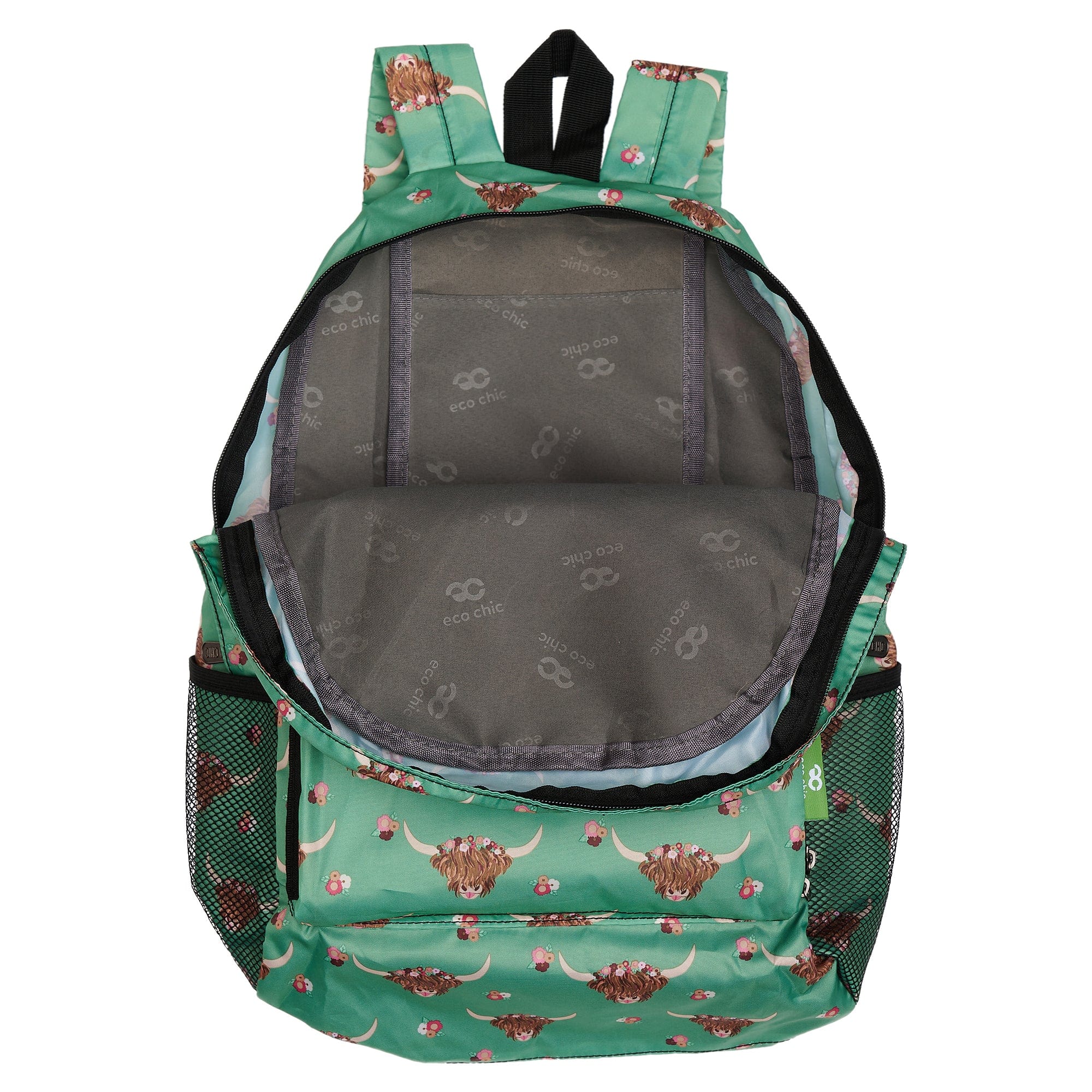 Eco Chic Green Eco Chic Lightweight Foldable Backpack Floral Highland Cow