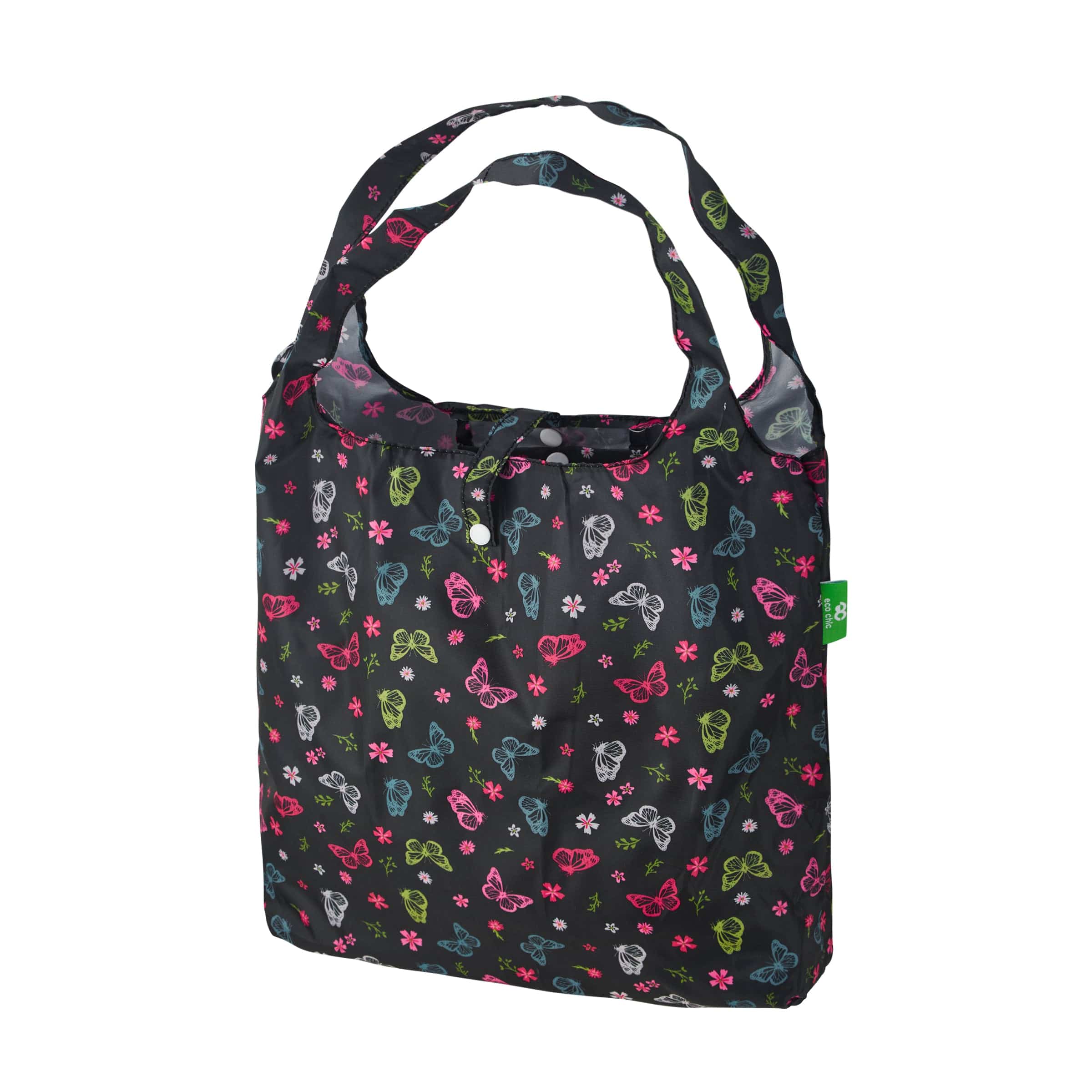 Eco Chic Black Eco Chic Lightweight Foldable Reusable Shopping Bag Monarch Butterflies