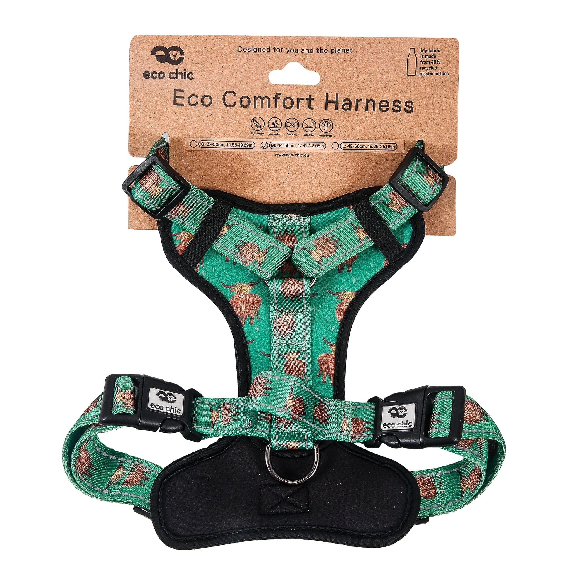 Eco Chic Eco Chic Recycled Dog Harness - Highland Cow Teal