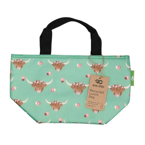 C76 Green Floral Highland Cow Lunch Bag x2