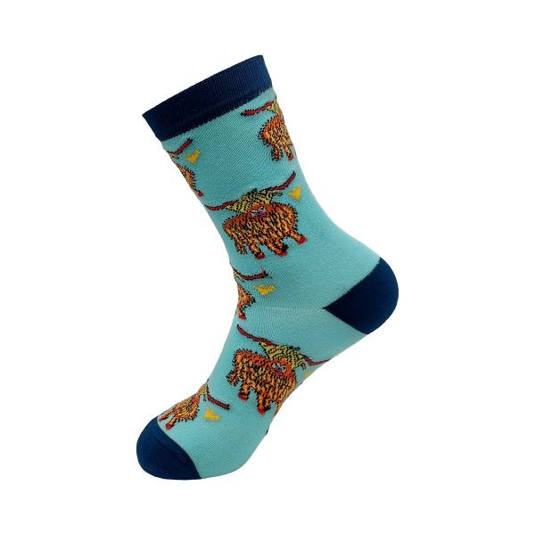 SK11 Blue Highland Cow Bamboo Sock 4-8