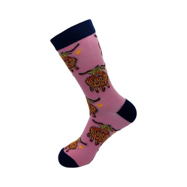 SK11 Pink Highland Cow Bamboo Sock 4-8